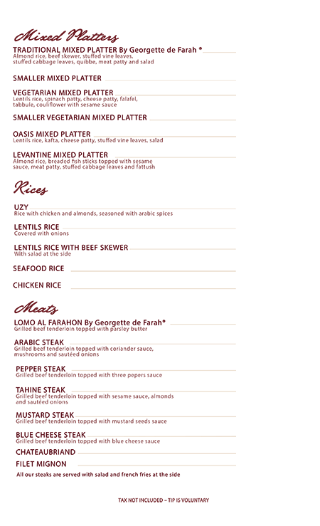 Menú Restaurante Árabe Internacional